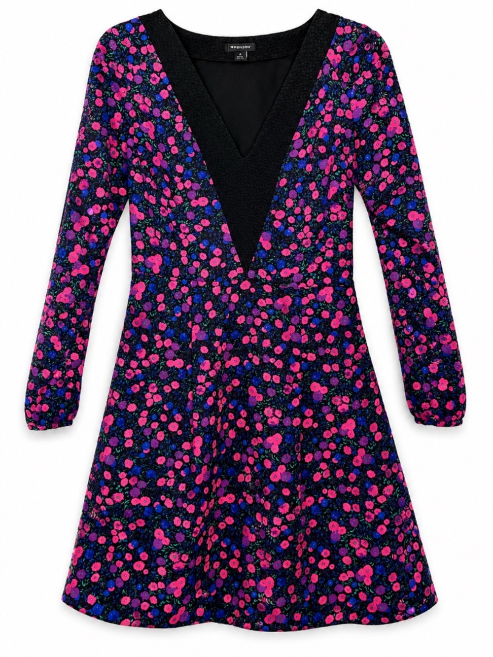 I<3Ronson 🌸 Mini Dress BlK PNK PUR Deep V Neck Long Sleeve Cottagecore 80s 90s
